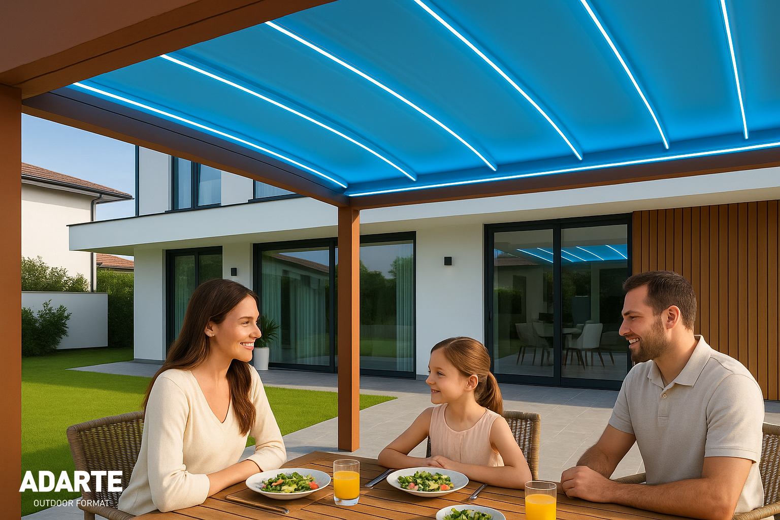 Famiglia a cena sotto la pergola Tess con illuminazione LED blu integrata
