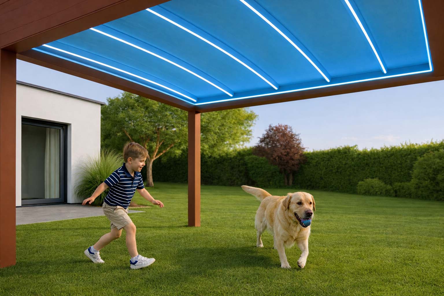 Bambino e cane giocano in giardino sotto la pergola Tess con illuminazione LED